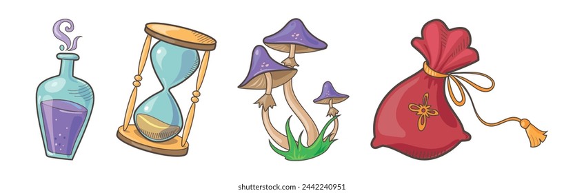 Magic Object and Element with Potion Jar, Hourglass, Mushroom and Sack with Runes Vector Set