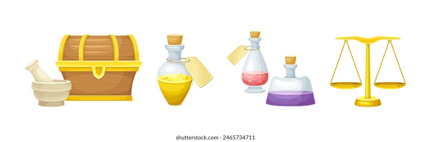 Magic Object and Element with Treasure Chest, Flask and Scales Vector Set