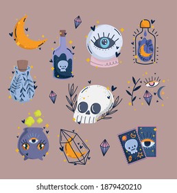 magic objects for rituals, bottle of magical potion skull tarot and cauldron vector illustration