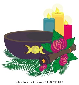 Magic objects for rituals,  witch mortar and pestle. Esoteric and neo-pagan rituals, Witchcraft. Wicca, triple goddess symbol. Herbal treatment. Colorful candles in thebackground. Vector illustration.