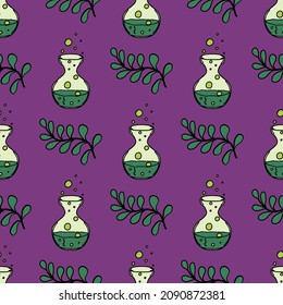 Magic objects seamless pattern for alchemical medicine. Spiritual vector illustration of potion in flask. Witchcraft esoteric symbols, magician boho collection, mystery celestial clip art in doodle