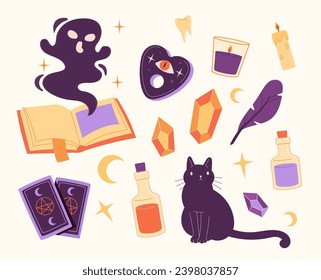 Magic objects set. Black cat and tarrot cards, yellow ruby. Feather and candles. Sorcery and witchcraft. Book and teeth. Cartoon flat vector collection isolated on white background