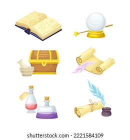 Magic objects set. Book, glass ball, bottles of potion, chest, paper scroll vector illustration