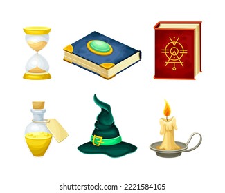 Magic objects set. Book, hourglass, with hat, chest, burning candle vector illustration