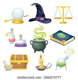 Magic objects set. Magic wand, glass ball, cauldron with bubbling potion, book, scales, candle, chest cartoon vector illustration