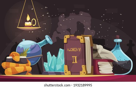 Magic objects with stones flasks alchemy book candle skull snake cartoon vector illustration