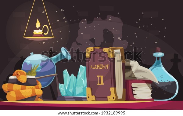 Magic objects with stones flasks\
alchemy book candle skull snake cartoon vector\
illustration