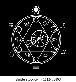 Magic occult circle or alchemy symbol. Thin Line vector illustration on black background with sun, moon, water, fire, wind and eatrh signs