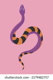 Magic and occult creatures, isolated serpent animal with stripes on skin. Poisonous and toxic snake, dangerous reptile aggressive reptile with venom. Viper or cobra tattoo. Vector in flat style