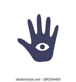 Magic occult hand of divination with an eye on a white background. Attributes for magic and witchcraft. Hand drawn vector isolated single illustration.