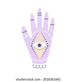 magic occult hand of divination with eye on white background, attributes for magic and witchcraft, vector illustration
