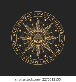 Magic and occult, mason alchemy icon. All seeing eye, pyramid and sun magic tattoo or vector emblem. Occultism spiritual or religion sign, tarot symbol. Occult seal, mason esoteric circle icon