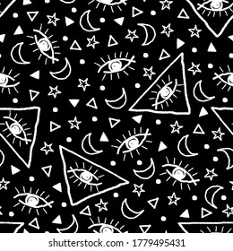 Magic, occult, mystic, astrologic themed seamless pattern. Vector illustration.