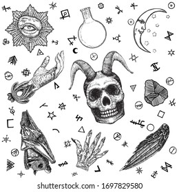 Magic occult set. Hand drawn occultism mystical witchcraft set for spell book and potion cook. Alchemy, religion and spirituality background. Witch craft elements collection. Vector.