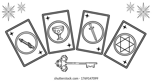 Magic occult set of tarot cards. Set of tarot cards included symbols of pentacles, wands, cups, swards. Vector templates isolated on white background.