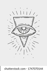 Magic occult symbol of free mason triangle with eye. Engraving vector illustration. Cards isolated on white background for poster, sticker, template.