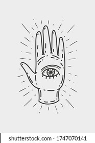 Magic occult symbol of palm with eye. Engraving vector illustration. Cards isolated on white background for poster, sticker, template.