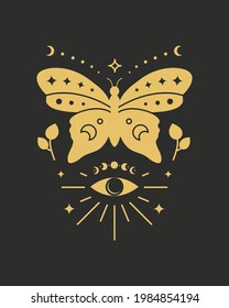 Magic occult tarot card with boho symbols: butterfly, moon phases, third eye, leafy branches and stars isolated on dark background. Astrology spiritual poster. Esoteric illustration.