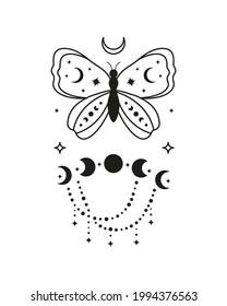 Magic occult tarot card with boho symbols: butterfly, moon phases, beads, crescent and stars isolated on white background. Astrology spiritual poster. Esoteric illustration.