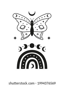 Magic occult tarot card with boho symbols: butterfly, moon phases, rainbow, crescent and stars isolated on white background. Astrology spiritual poster. Esoteric illustration.