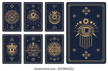 Magic occult tarot cards with astrological, mystical symbols, esoteric golden signs of sun, pyramid, cross, all-seeing eye, stars and celestial patterns. Vector boho style witchcraft, spiritual cards