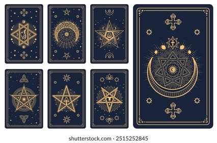 Tarjetas mágicas ocultas de Tarot con signos esotéricos y símbolos místicos en líneas doradas de Vector. Tarot mazos de cartas o diseño inverso con sol, luna y estrella, pentáculo con cruz de Ankh y símbolos celestiales