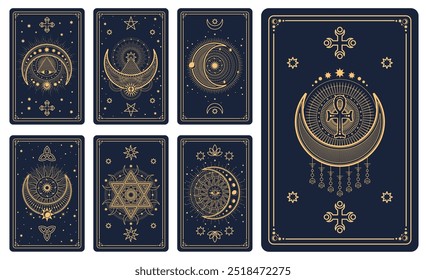 Magic occult Tarot cards with esoteric symbols for astrology and fortune telling, vector reverse decks. Tarot cards mystic magic signs of sun and moon, Ankh cross with mason pyramid and pentagrams