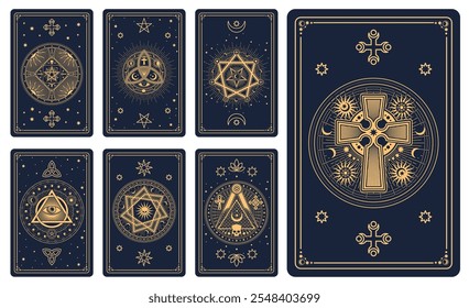 Magic occult Tarot cards with esoteric signs and mystic symbols, vector reverse decks. Tarot cards design with sun, moon and star, pentacle pentagram with skull, mason pyramid with eye and ankh cross