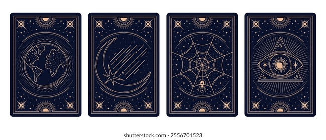 Magic occult Tarot cards with esoteric celestial frames, vector backgrounds. Tarot cards reverse decks and covers with golden frames, magic mystic esoteric sun and moon, stars and freemason pyramid