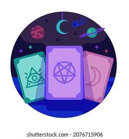 Magic occult tarot cards icon with esoteric symbols, stars and planets. Divine deck with spiritual symbols. Oracle card sacred signs in circle shape.