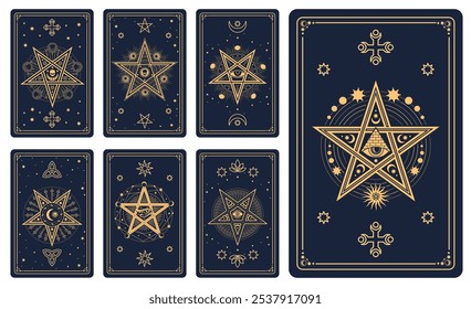 Tarjetas mágicas ocultas del tarot con la línea del Vector Luna, sol y estrellas patrón celestial. Tarjetas esotéricas místicas del tarot con los ojos de Horus y la providencia, hexagramas de la alquimia y pentagramas en fondo negro