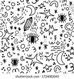Magia occult wicca doodle vectorial sin fisuras. La línea esotérica da forma al diseño de patrones de superficie de halloween y boho. Impresión de tejidos textiles, papel de envoltura, fondo