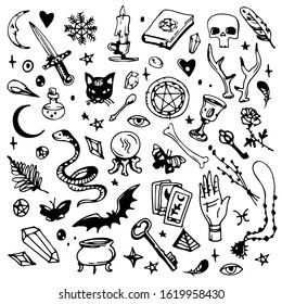 Magic, occult and witchcraft things. Skull, book, crystals, tarot, hand, black cat. Ink drawn doodle set, black and white line art.