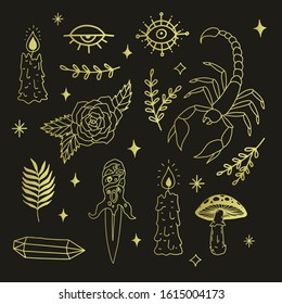 Magic occultism isolated vector doodle alchemy clip art set. Scorpio, rose, candles, herbs, evil eye, mushrooms, knife. Line art witchcraft decorative elements.