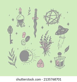 Magic occultism isolated vector doodle alchemy clip art set. Fortune telling, mushroom, pentagram, moon, dagger, potions, herbs, ouija, runes. Line art witchcraft decorative elements.