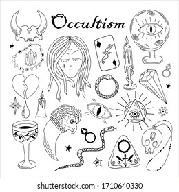 Magic, occultism. A set of magic items drawn by hand with a liner. Vector black and white illustration.