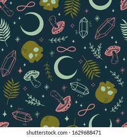 Magic occultism vector doodle alchemy seamless pattern.Skulls, moon, mushrooms, herbs, infinity sign, crystal. Line art witchcraft decorative elements.