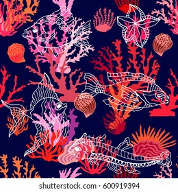 Magic ocean world. Seamless vector pattern with tropical fishes and corals. Marine textile collection. On dark blue background.
