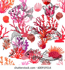 Magic ocean world. Seamless vector pattern with tropical fishes and corals. Marine textile collection. On white background.