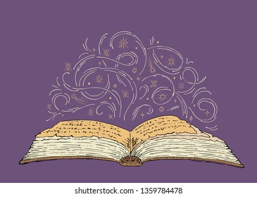 Magic old book. Vector sketch of an open book with curls and stars. Mystical concept. Hand drawn vector illustration