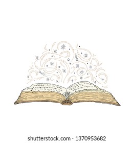 Magic old book. Vector sketch of an open book with curls and stars. Mystical concept. Hand drawn vector illustration