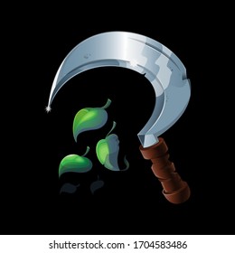 Magic old druid sickle for cutting grass and plants for alchemy or chemistry potion or elixir. Ancient tool. Realistic illustration vector game icon, item. Isolated on background.
