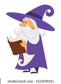 Magic old man enchanter or wizard with book, isolated male character vector. Magician reading spell or charm, magician with long beard beard in mantle. Alchemy recipes and mystic enchantments