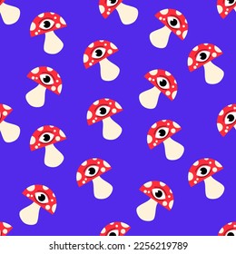 Magic One Eye Amanita Muscaria Seamless Pattern Mushrooms vector illustration