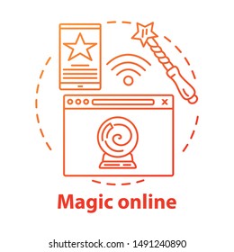 Magic online concept icon. Modern esoterics idea thin line illustration. Internet technology, witchcraft, fortune telling service. Wizard wand and crystal ball vector isolated outline drawing