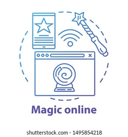 Magic online concept icon. Modern sorcery idea thin line illustration. Internet technology, witchcraft, fortune telling service. Wizard wand and crystal ball vector isolated outline drawing