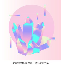 Magic opalescent crystals like in old arcade videogames of 80s. Retrofuturistic vaporwave style illustration.