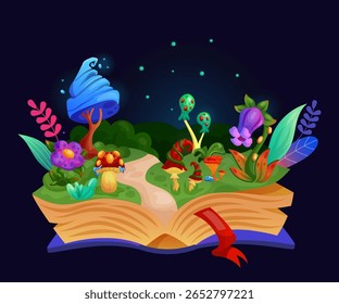 Livro aberto mágico. Floresta de conto de fadas. Cogumelo místico e flor. Mundo da fantasia. História imaginária das crianças. Luz de neon brilhante. Prado fabuloso. Flor roxa. Literatura da imaginação. Desenho animado vetorial