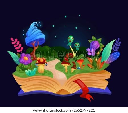 Magic open book. Fairy tale forest. Mystical mushroom and flower. Fantasy world. Kids imaginary story. Bright neon light. Fabulous meadow. Purple blossom. Imagination literature. Vector tidy cartoon