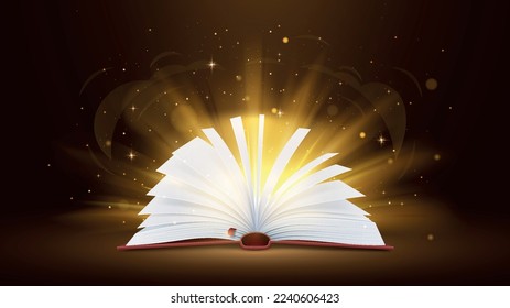 Magic open book. Sorcery and whitchcraft, mysticism. Fantasy and imagination, fairy tale. Knowledge and fiction. Poster or banner for website. Realistic 3D vector illustration